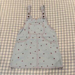 Girls' Light Blue Strawberry Print Denim Overalls Dress